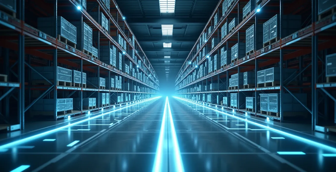 Entrepôt moderne vu de haut avec des lignes de flux lumineux représentant la synchronisation des stocks