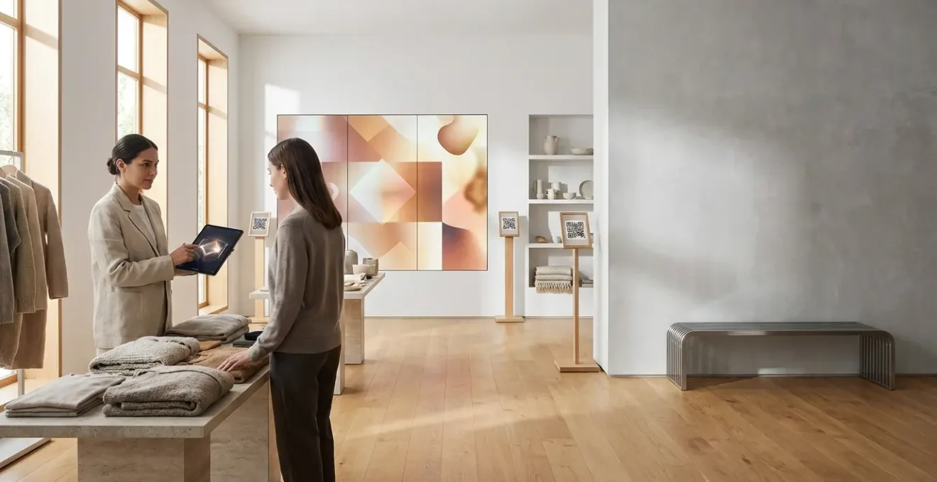 Vue d'ensemble d'un espace de vente phygital moderne alliant boutique physique et éléments digitaux