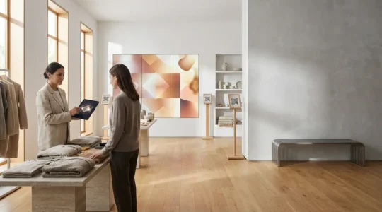 Vue d'ensemble d'un espace de vente phygital moderne alliant boutique physique et éléments digitaux