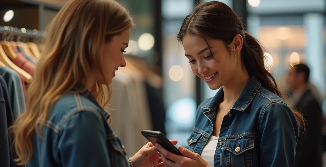 Portrait d'un vendeur en magasin utilisant une tablette avec un client, symbolisant la convergence des canaux