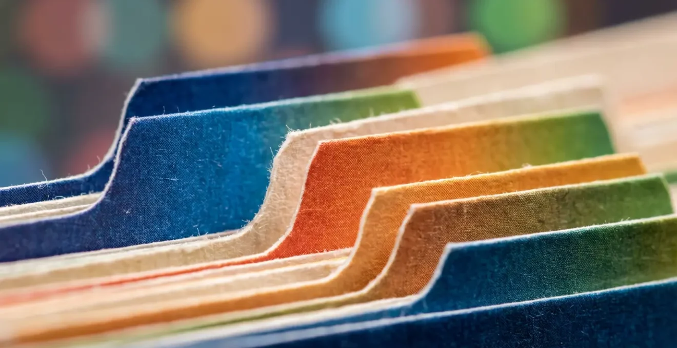 Vue macro de dossiers colorés organisés avec système de codes couleur