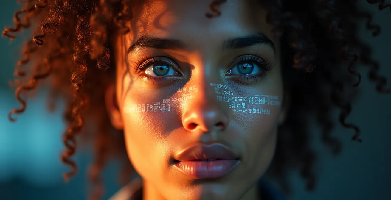 Représentation visuelle de la tension créative entre données brutes et concept publicitaire émotionnel