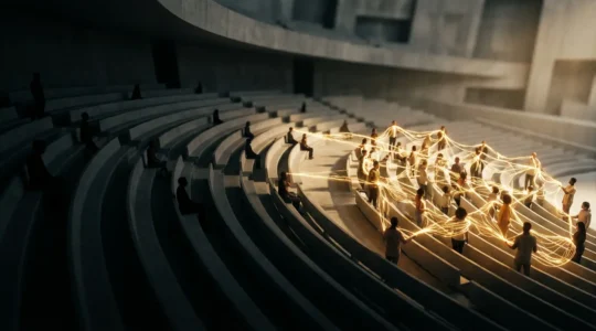 Une foule d'individus interconnectés formant un réseau dynamique avec des fils lumineux symbolisant l'engagement et l'interaction communautaire