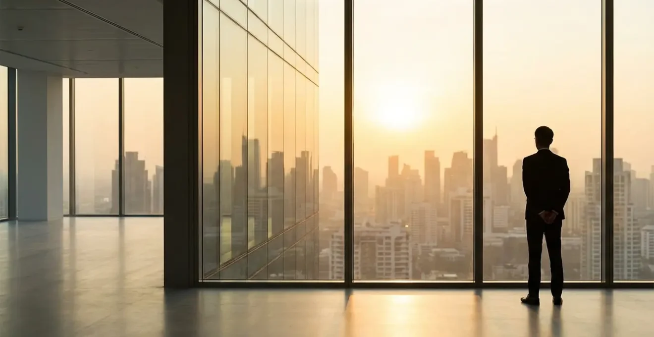 Personne contemplant un horizon urbain depuis un bureau en hauteur