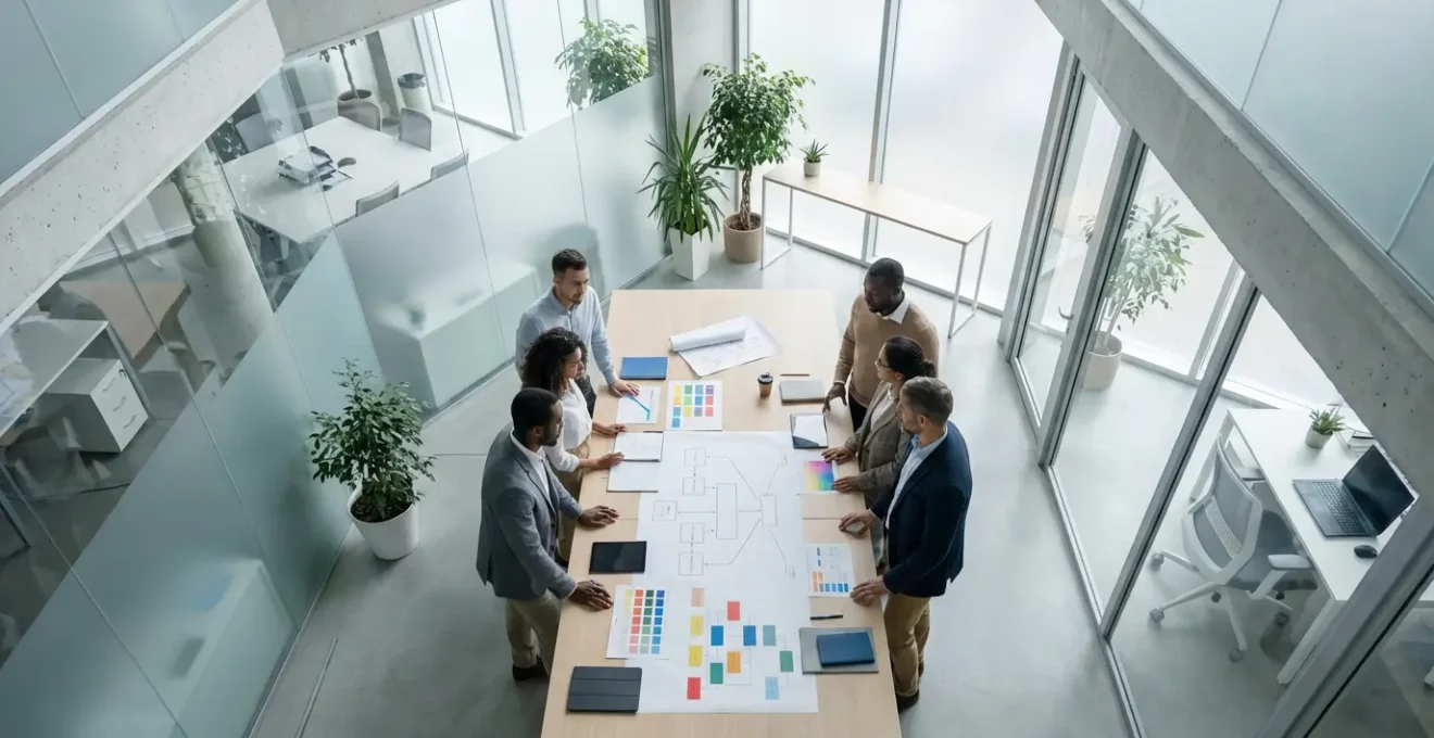 Vue aérienne d'une équipe marketing travaillant ensemble autour d'une grande table avec diagrammes et outils de planification