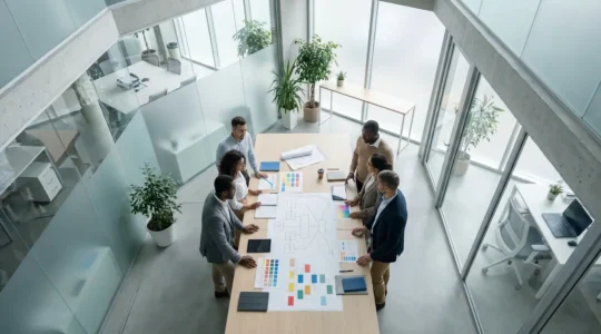 Vue aérienne d'une équipe marketing travaillant ensemble autour d'une grande table avec diagrammes et outils de planification