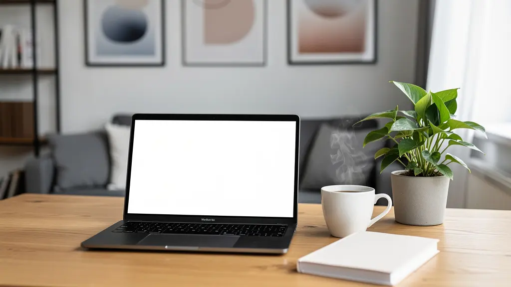 Espace de travail créatif avec ordinateur portable ouvert pour montage vidéo, tasse de café et plante