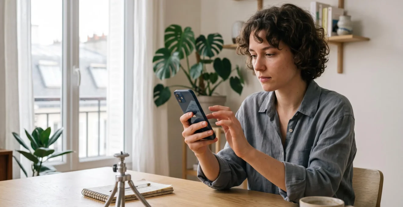 Une créatrice de contenu consulte son fil d'actualité sur smartphone à son bureau, dans un intérieur lumineux.