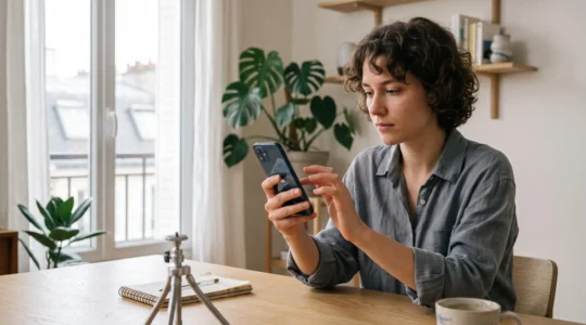 Une créatrice de contenu consulte son fil d'actualité sur smartphone à son bureau, dans un intérieur lumineux.