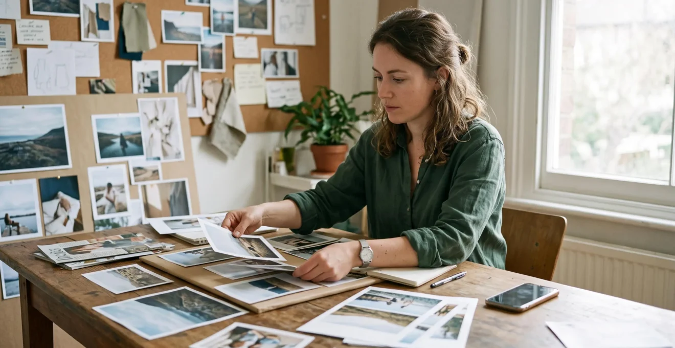 Une créatrice organise des tirages photographiques sur une table pour préparer sa ligne éditoriale de contenu.