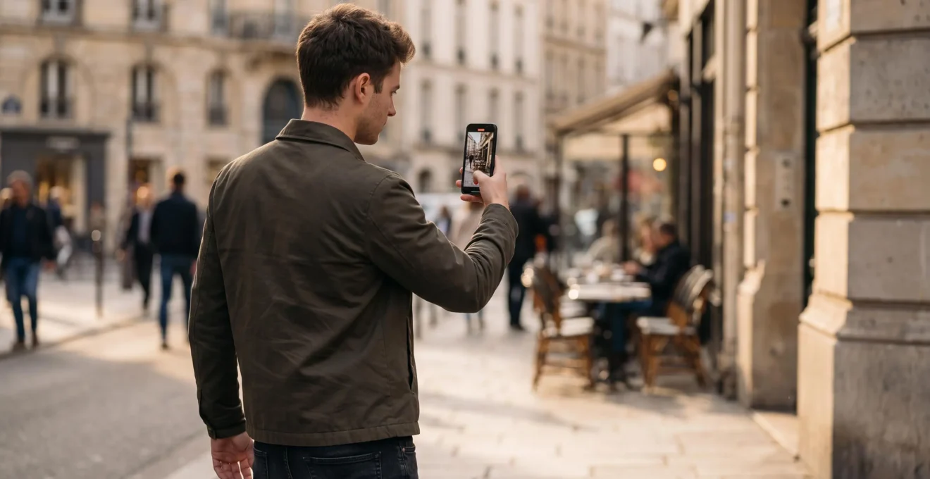 Un jeune homme filme une vidéo verticale avec son smartphone dans une rue européenne en fin d'après-midi.